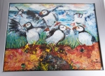 Karen Trotter Artist "Puffin Picnic (Puffin Stuffin)" (2014) Acrylic & Mixed Media on Board 840x640mm Sold